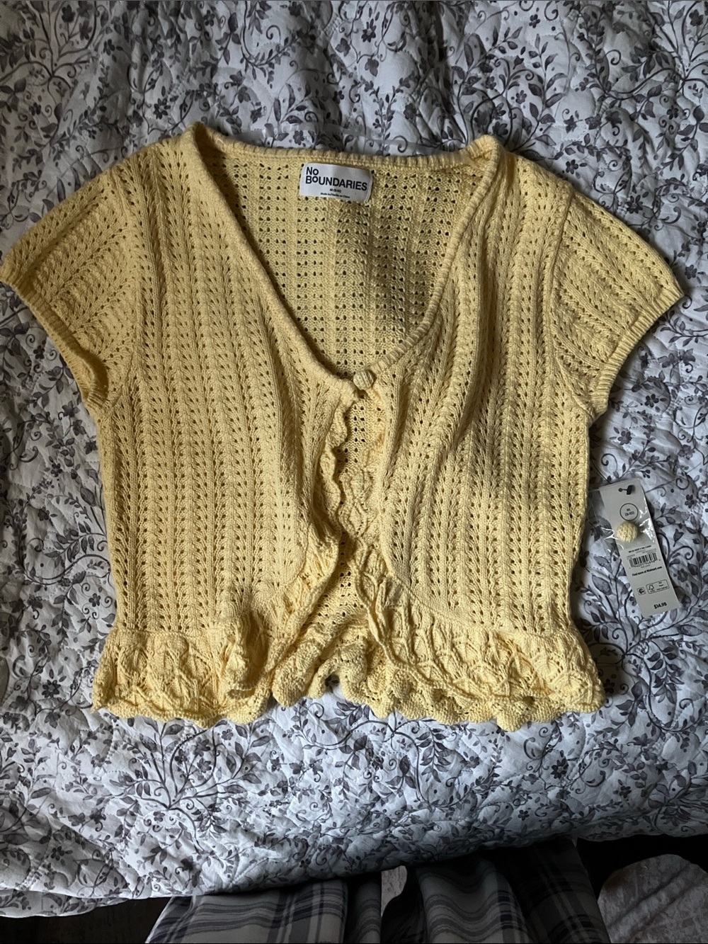 No Boundaries SS Deep V Rfr Card Crochet Cardigan Yellow Medium